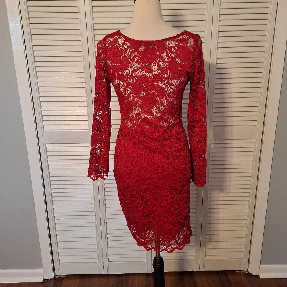 Ambiance red lace stretchy knee length dress sz large *A1 - Picture 5 of 9
